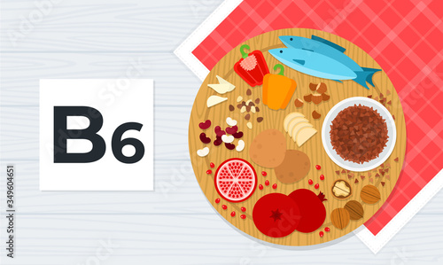 Vitamin B6 concept healthy nutrition vector flat banner. Vitamin B6 complex benefits.