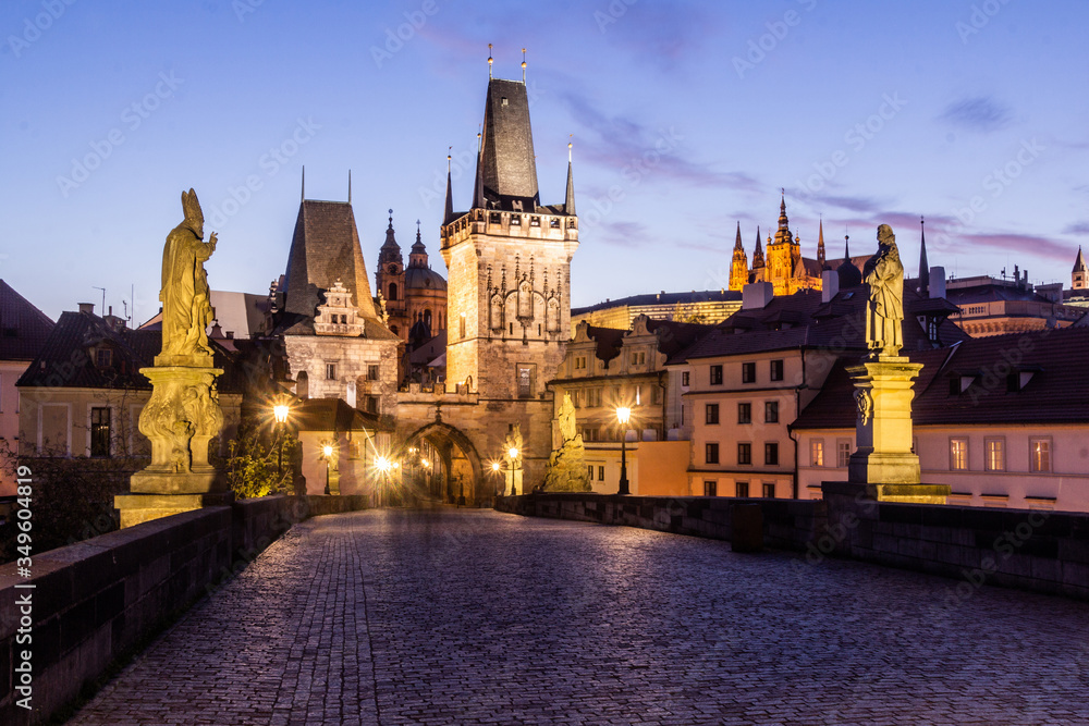 View from the Charles bridge to the Lesser Town (Mala Strana) in the evening, Czechia