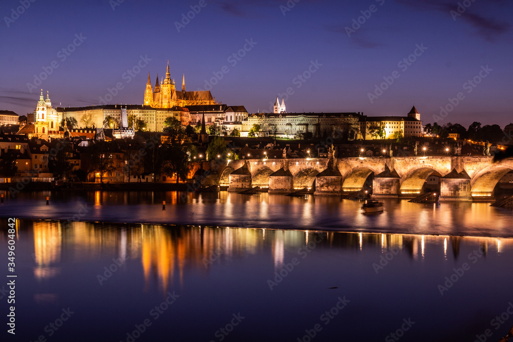 Charles bridge and the Prague castle in the evening, Czechia