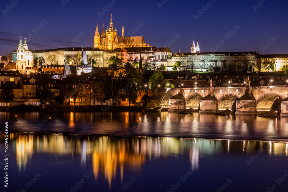 Charles bridge and the Prague castle in the evening, Czechia
