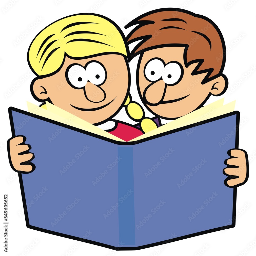 Boy and girl with book, funny vector illustration. Color picture on white background. Boy and girl with book, funny vector illustration. Color picture on white background.