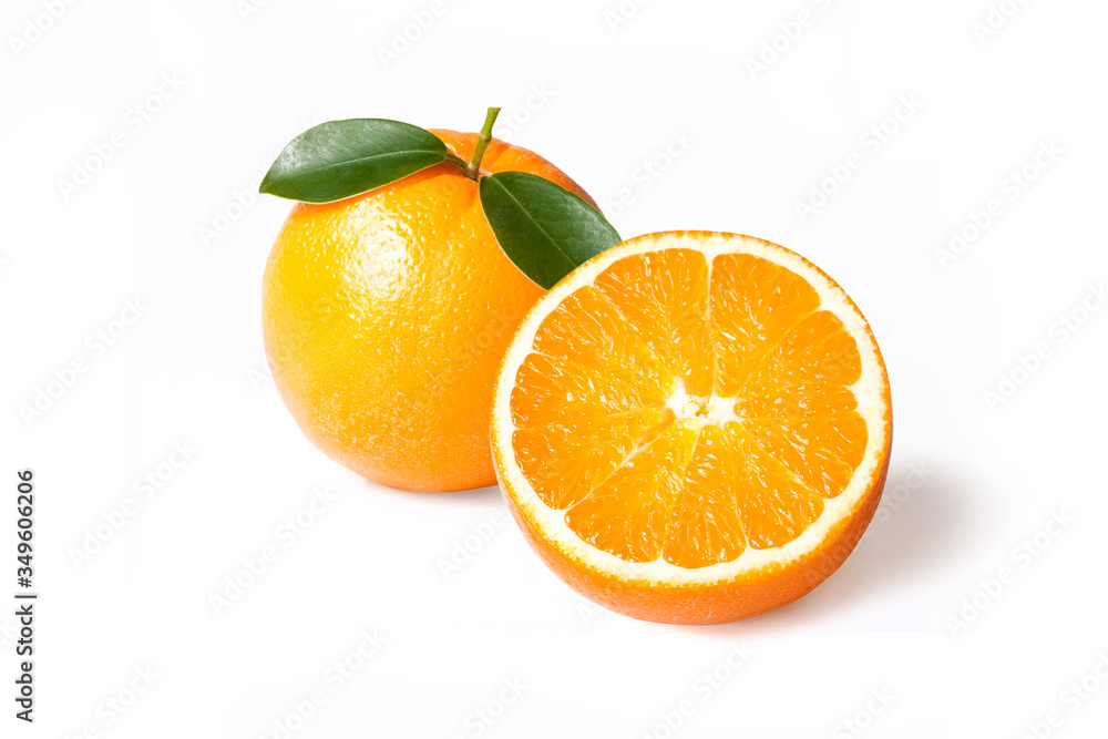 Orange with half of orange isolated on the white background. Orange with half of orange isolated on the white background.