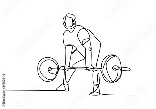 One continuous drawn weightlifter line drawn from the hand a picture of the silhouette. Young athlete muscular man lifting barbells working out at a gym. Powerlifter train weightlifting concept