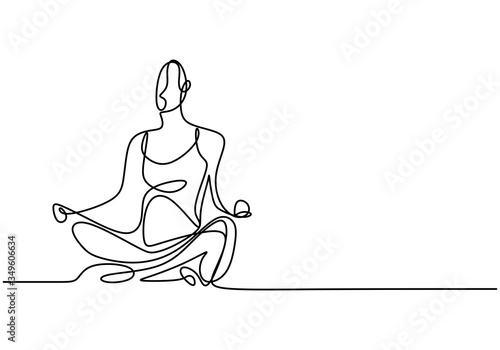 Woman doing yoga exercise continuous one line vector illustration minimalism style. Yoga girl sitting cross legged meditating. Lotus pose line drawing. Relaxing and calming.