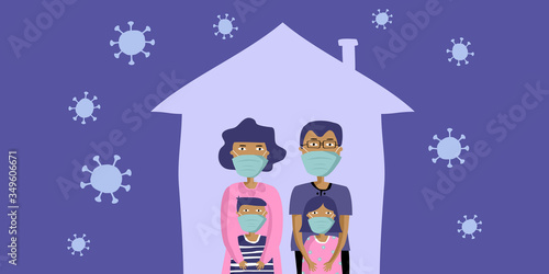 Coronavirus COVID-19. A family using mask to prevent corona. Stay at home. to cut off the spread of the virus. Covid-19 Coronavirus concept. Danger virus vector illustration.