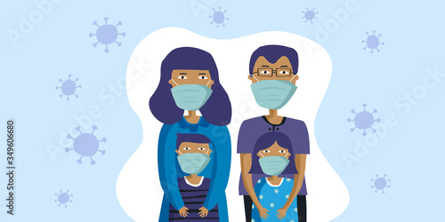 Coronavirus COVID-19. A family using mask to prevent corona. Stay at home. to cut off the spread of the virus. Covid-19 Coronavirus concept. Danger virus vector illustration.