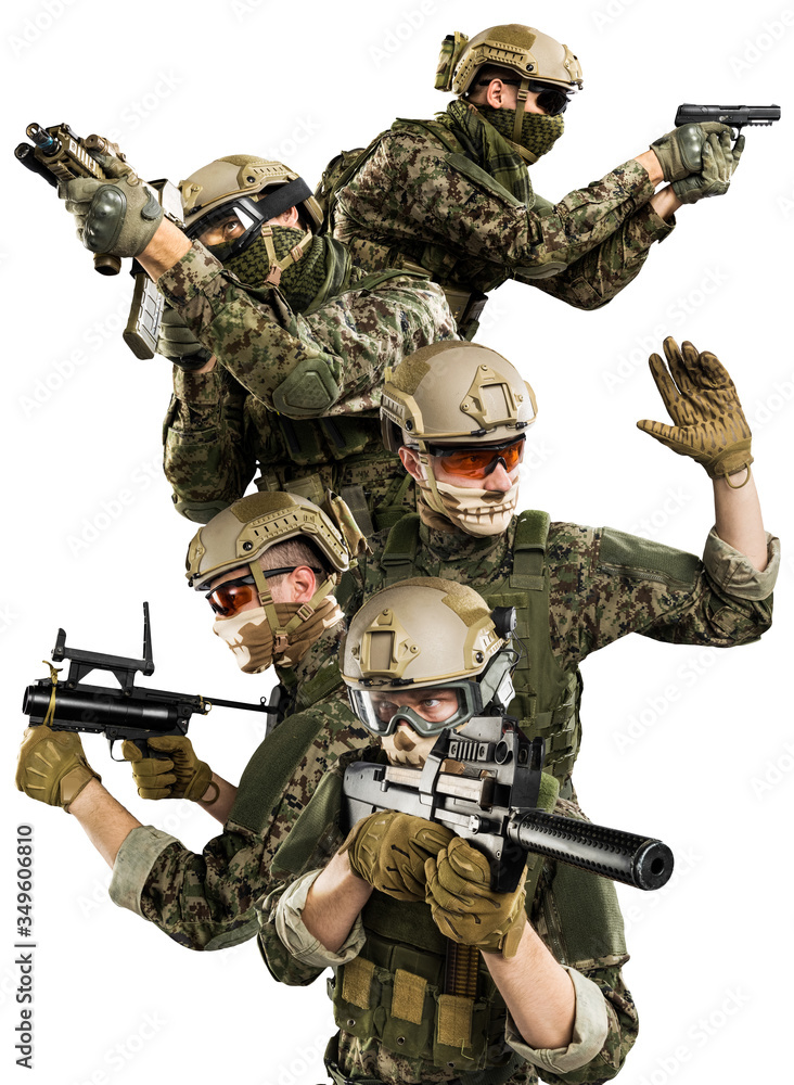 Fototapeta premium Male in uniform of Tactical Units of Police with submachine gun P90. Shot in studio. Isolated with clipping path on white background