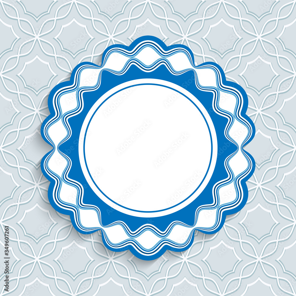 Fototapeta premium Round label in nautical style. Elegant circle frame with wavy border pattern. Cutout paper wave decoration on ornamental background. Scrapbook layout or wedding invitation card template.