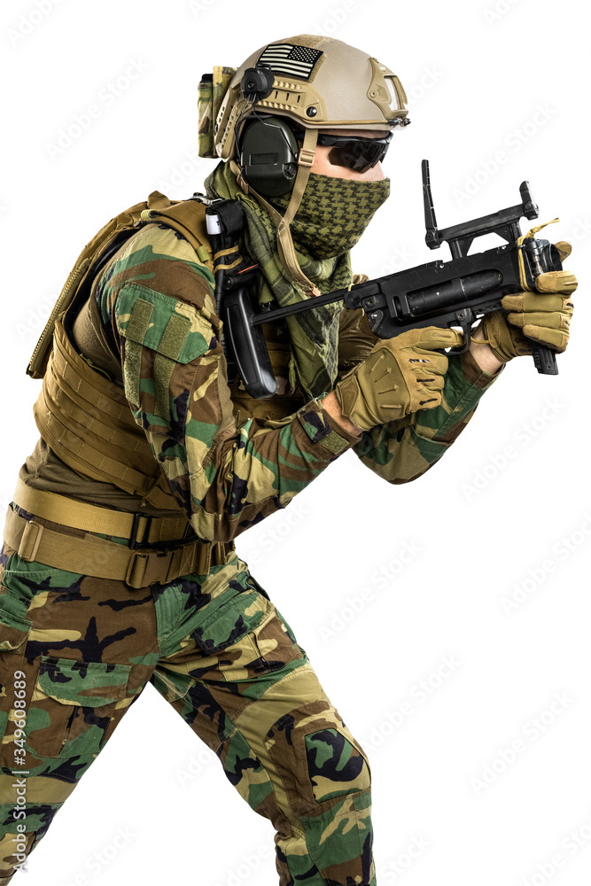 Fototapeta premium US marine corps soldier with rifle. Shot in studio. isolated with clipping on white background.