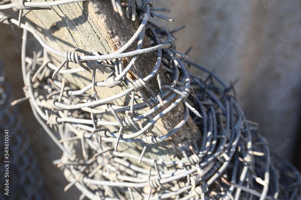 Skein of barbed wire on the outside under the sun Skein of barbed wire on the outside under the sun