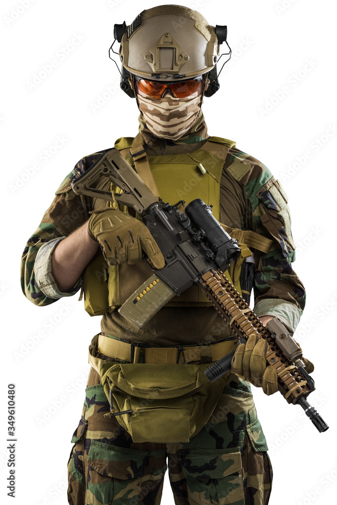 Fototapeta premium US marine corps soldier with rifle. Shot in studio. isolated with clipping on white background.