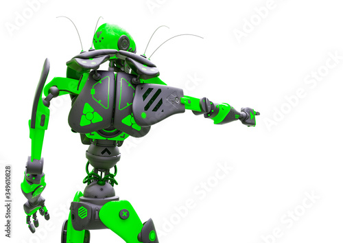 skull bot is pointing the way in a white background rear view