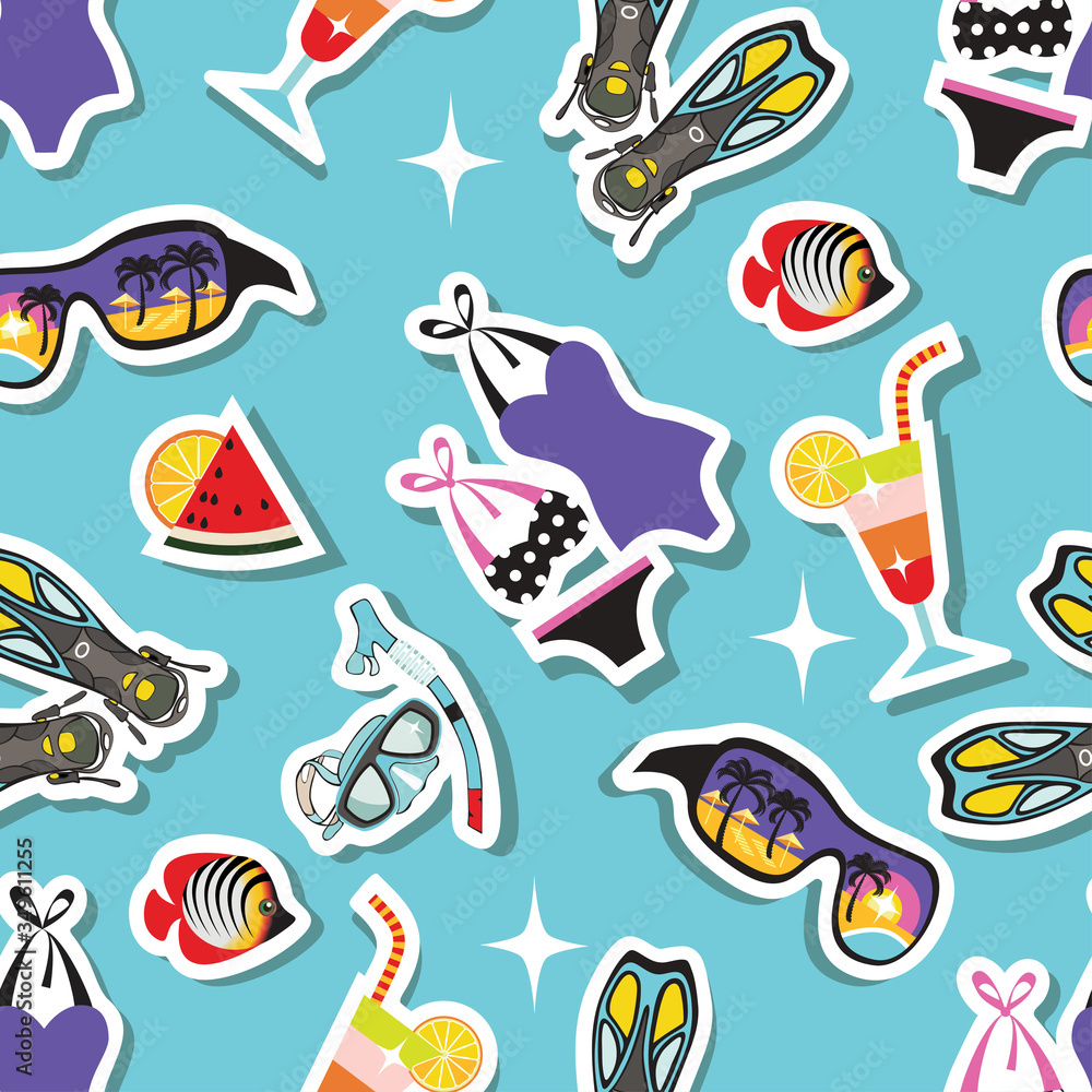 items for beach holidays in the form of stickers make up a seamless pattern