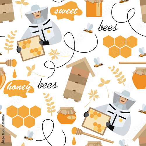 beekeeper at work, bees and hives make a seamless pattern