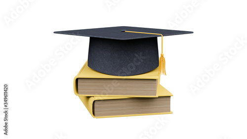 Gladuation cap on yellow text book isolated on white background with clipping path. 3D illustration for back to school concept