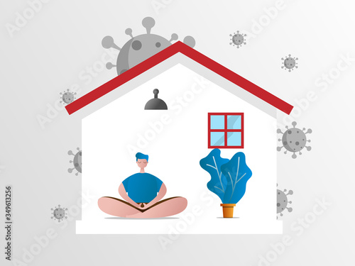 stay at home concept, man in meditation at home, social distancing