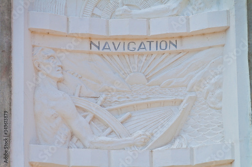 Base Relief Showing Navigation as One of the Benefits of Hoover Dam. Hoover Dam, Nevada, USA