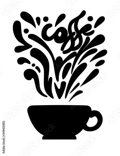 Black silhouette hot tea cup with abstract hot steam flat vector illustration on white background