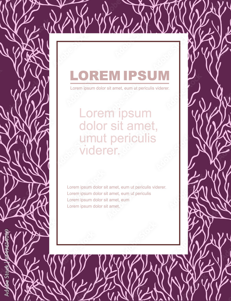 Advertising flyer or greetings card design with pink coral seaweeds silhouettes flat vector illustration on purple background Advertising flyer or greetings card design with pink coral seaweeds silhouettes flat vector illustration on purple background