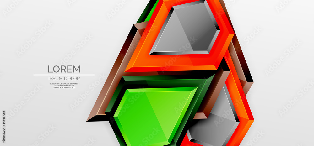 Metal glossy shiny geometric shapes with 3d effect composition. Techno futuristic vector abstract background For Wallpaper, Banner, Background, Card, Book Illustration, landing page