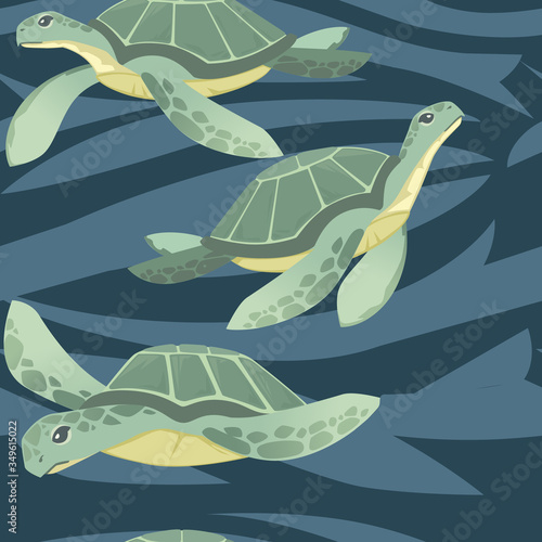 Seamless pattern of big green sea turtle cartoon cute animal design ocean tortoise swimming in water flat vector illustration on blue background