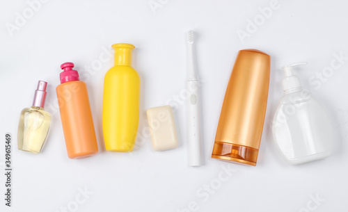 Beauty, health care, cosmetics, hygiene product on white background. Flat lay. Top view