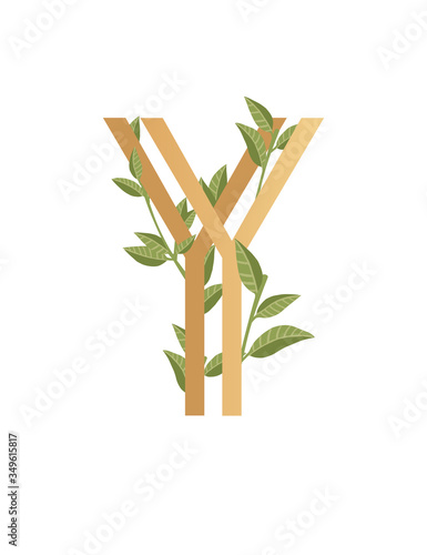 Letter Y with gradient style beige color covered with green leaves eco font flat vector illustration isolated on white background