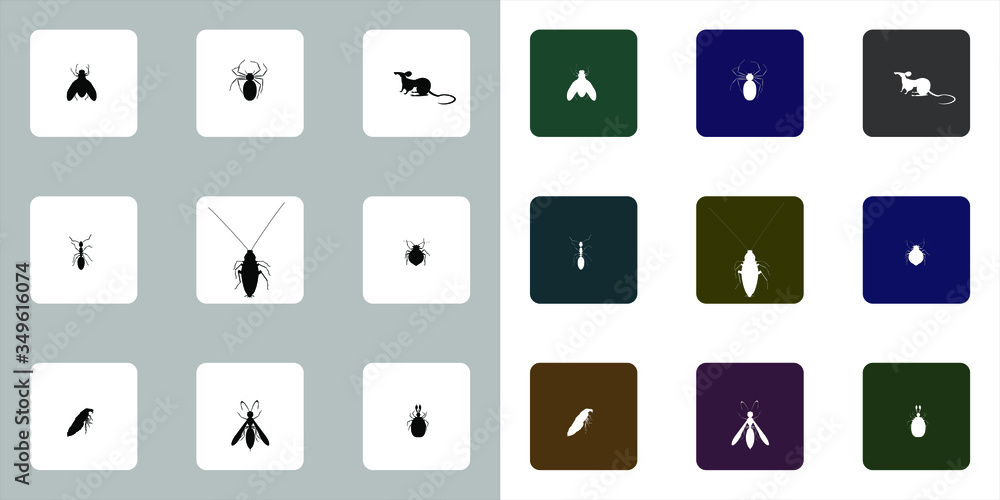 Disinfection icons:9 set black silhouette on a white background and 9 set white silhouette on a color background: fly, spider, rat, ant, cockroach, bed bug, flea, wasp, mite. Disinfection icons:9 set black silhouette on a white background and 9 set white silhouette on a color background: fly, spider, rat, ant, cockroach, bed bug, flea, wasp, mite.