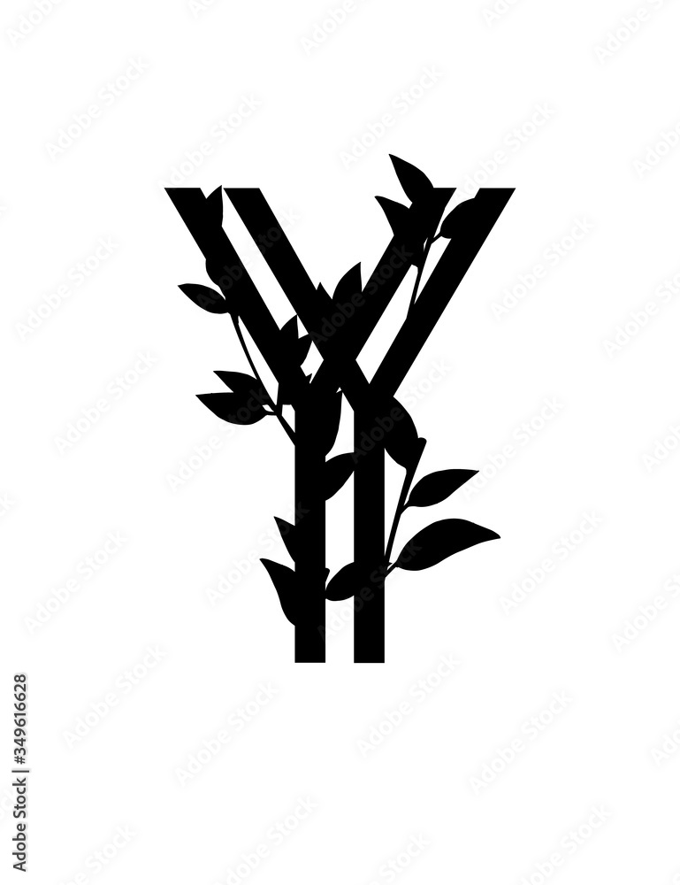 Naklejka Black silhouette letter Y with covered leaves eco font flat vector illustration isolated on white background