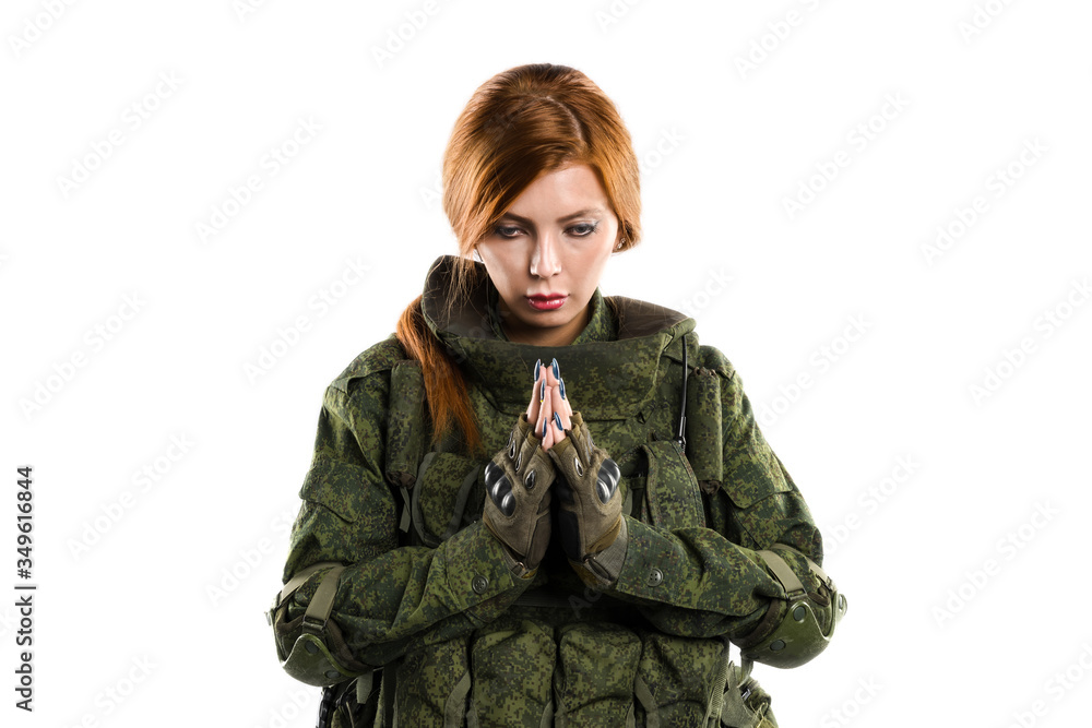 female in russian mechanized infantry uniform on white background. female in russian mechanized infantry uniform on white background.