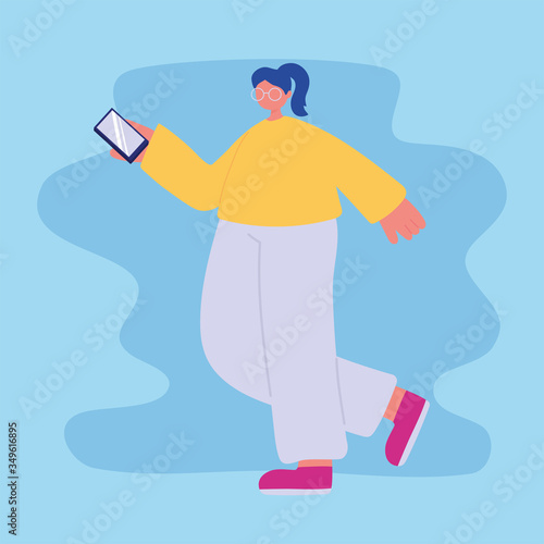 teenager using smartphone walking character