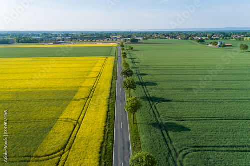 Landstraße zwischen Feldern als Luftbild, Deutschland