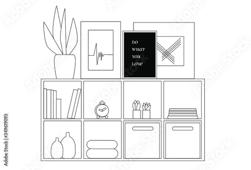 Living room interior modern design square cube organizer outline background. "Do What You Love" message on picture