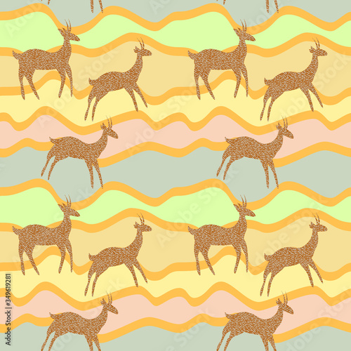 Vector seamless pattern with a troop of antelopes on sand dunes. Pastel colors, waves, silhouettes. For textil or paper design