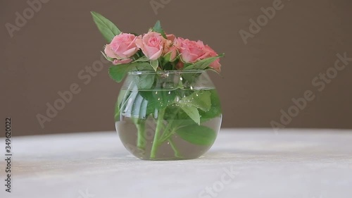 Close-up of pink roses in the glass vase.