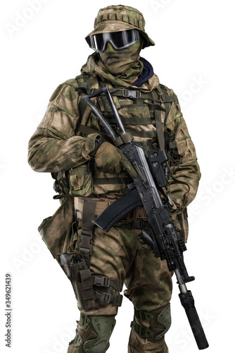Special forces soldier with rifle. Shot in studio. Isolated with clipping path on white background.