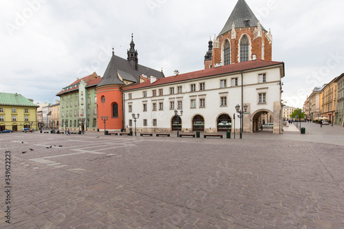 Small Market Square, a deserted city due to the coronavirus epidemic, no tourists, Krakow, Poland