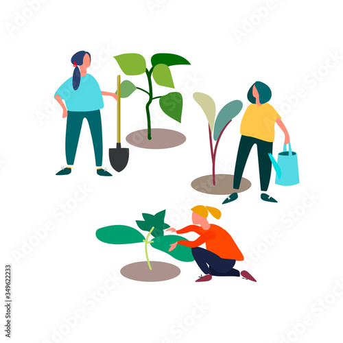 People planting and taking care of seedlings. Vector illustration in flat style. Spring and early summer agricultural work concept