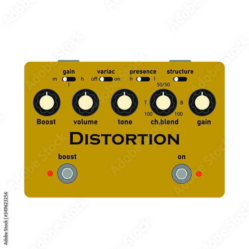 boutique Gold vintage distortion sound electric guitar stomp box effect with black knob and gold body, graphic icon design. t-shirt artwork. Use in music business.