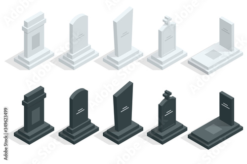 Isometric Set of tombstones in cemetery isolated om white. Death, coffin, funeral.