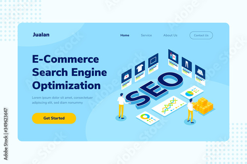 Landing Page E-Commerce SEO Online Shopping Isometric Vector Illustration, Suitable for Web Banners, Infographics, Book, Social Media, And Other Graphic Assets