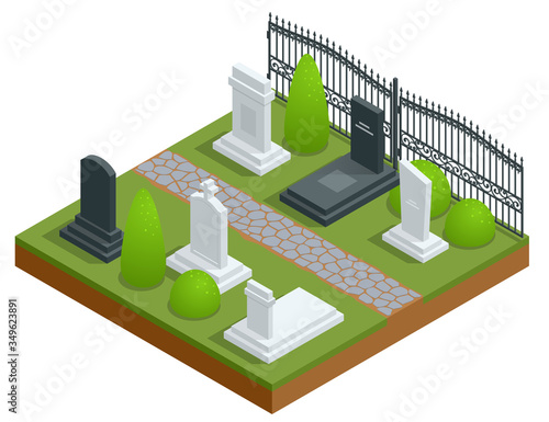 Isometric Rows of tombstones in cemetery isolated om white. Death, coffin, funeral.