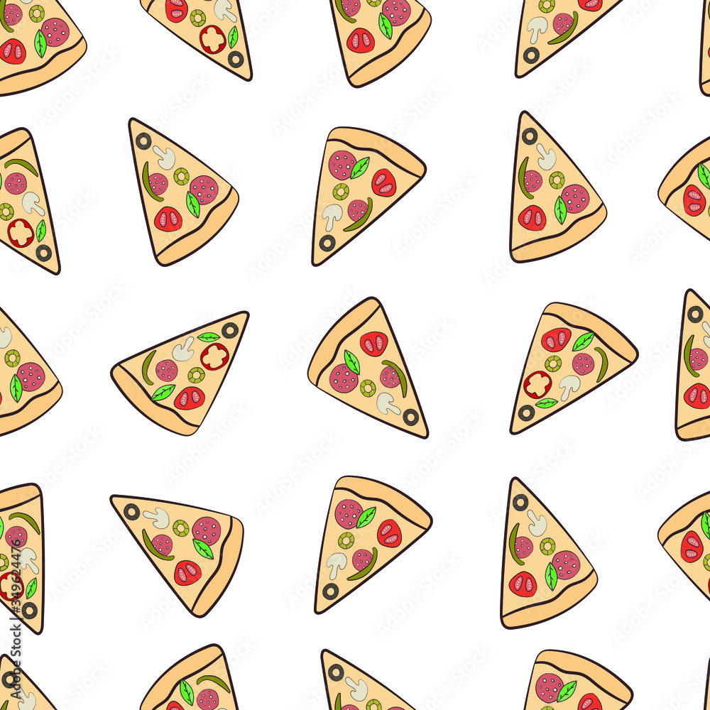 Pizza slices with different ingredients on a white background seamless pattern. For fabric, print, website, cover. Vector.