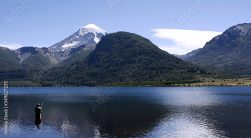 lake in the mountains fishing volcan lanin patagonia argentina