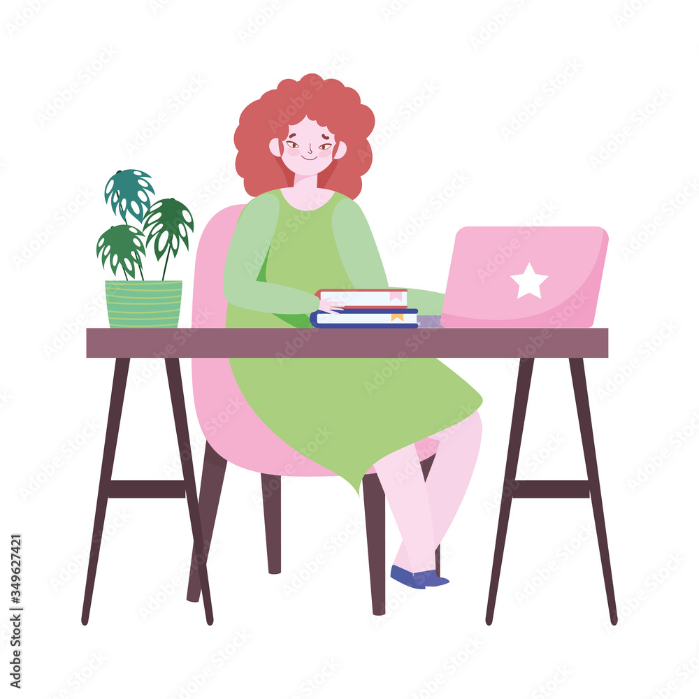 working remotely, young woman with laptop and books in desk working remotely, young woman with laptop and books in desk
