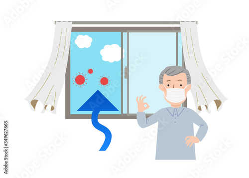 マスクをしたおじいちゃんと窓を開けて換気するベクターイラスト