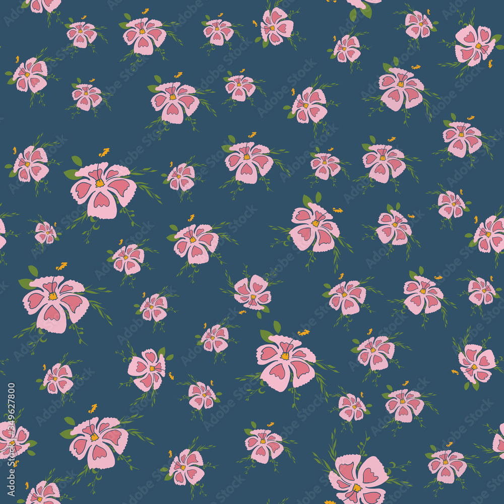 Seamless pattern of exotic flowers in navy blue and pink colors. Hibiscus hand drawn, holiday pattern, summer pattern, beach flowers. For web, print, digital. Backdrop, element, texture, fabric. Seamless pattern of exotic flowers in navy blue and pink colors. Hibiscus hand drawn, holiday pattern, summer pattern, beach flowers. For web, print, digital. Backdrop, element, texture, fabric.