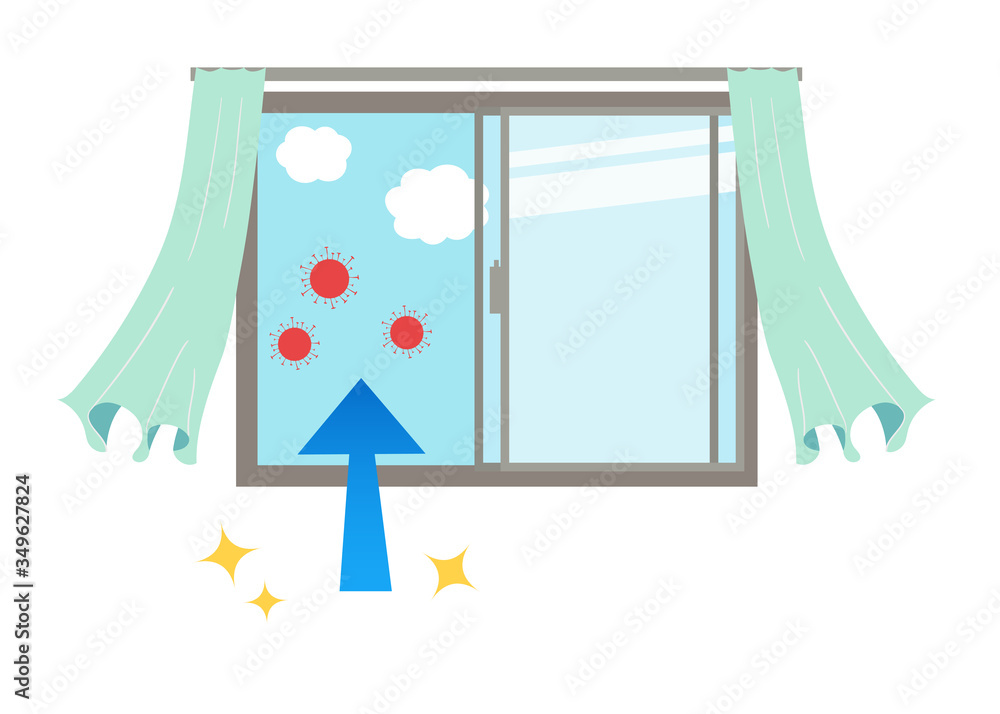 窓を開けて換気するとカーテンが揺れるベクターイラスト 窓を開けて換気するとカーテンが揺れるベクターイラスト
