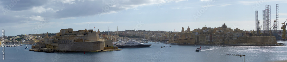 Panoramic view of the fortified city of Valletta and its harbours. Valletta, Malta.