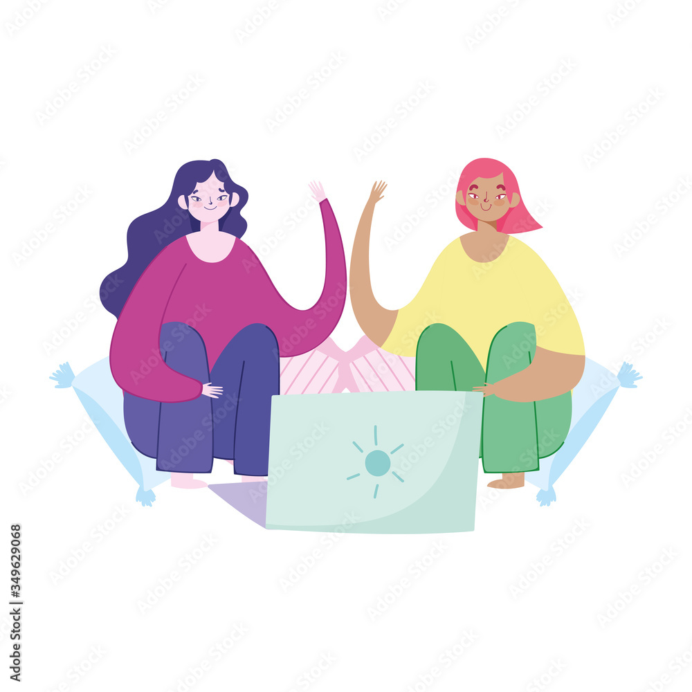working remotely, young women sitting on cushions with laptop working remotely, young women sitting on cushions with laptop